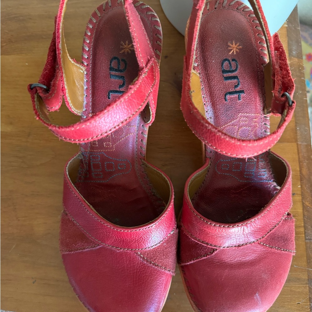 Red Leather Heels with Chunky Wooden Heel - Picture 3 of 12